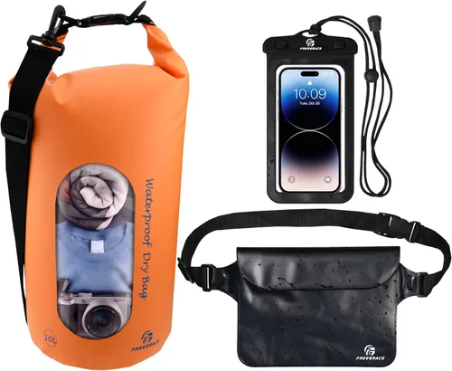 Vista 9 de Freegrace - Juego de 3 bolsas secas impermeables, bolsa seca con 2 cierres y correa de hombro desmontable; bolsa de cintura y funda para teléfono