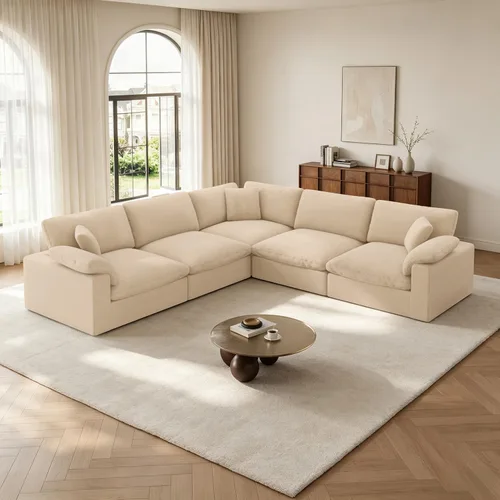 Vista 19 de Sofá modular Cloud para sala de estar, sofás de mezcla de lino en forma de L, modernos sofás de nube de asiento profundo, sofás seccionales Beige