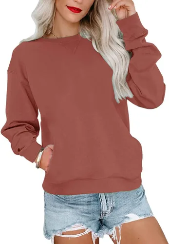 Vista 20 de Orchidays Sudaderas de cuello redondo para mujer, casuales, de manga larga, lindas, estilo túnica, sueltas, con botones A-Marrón