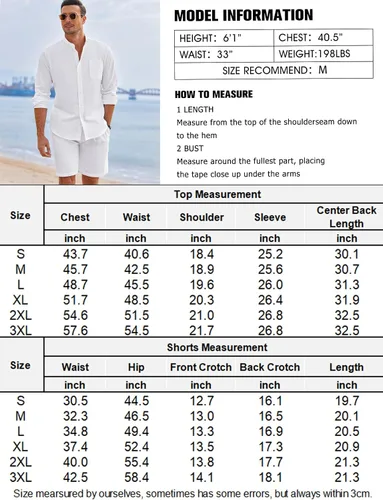 Vista 6 de COOFANDY Conjuntos de lino para hombre, 2 piezas, camisa de manga larga y pantalones cortos casuales con cordón en la cintura, trajes de verano