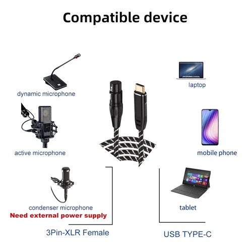Vista 2 de XLR a USB C de 6.6 pies, cable de audio de grabación profesional XLR hembra a USB tipo C, para micrófonos a teléfono móvil/portátil/tableta