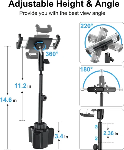 Vista 2 de Soporte para tableta para camioneta pickup [altura ajustable] Soporte de metal para tableta SUV de brazo largo resistente, soporte universal