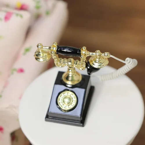 Vista 8 de Teléfono de casa de muñecas 1:12 en miniatura, modelo de teléfono giratorio, decoración de escritorio, accesorios retro para casa artificial sala