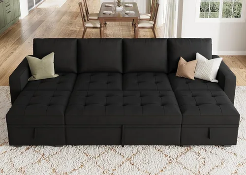 Vista 19 de HONBAY Sofá cama modular modular con cama extraíble, sofá en forma de L con asiento de almacenamiento, sofás seccionales para sala de estar, beige