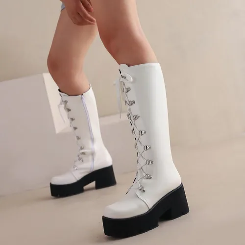 Vista 18 de Parisuit Botas góticas altas hasta la rodilla con hebilla de plataforma para mujer, tacón alto grueso, con cordones, botas de combate punk, con Negro