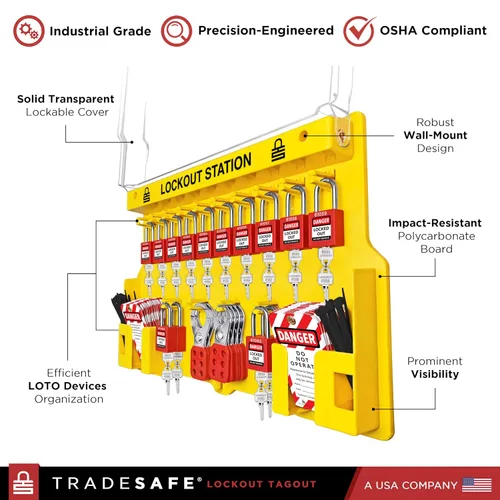 Vista 3 de TRADESAFE Estación de etiquetado de bloqueo con dispositivos Loto - Juego de 14 bloqueos de seguridad, 6 cerrojos, 40 etiquetas de no operación