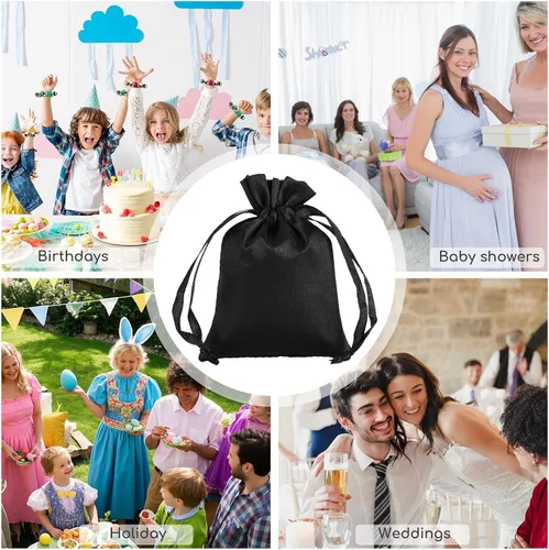 Vista 4 de Bolsas de regalo pequeñas de satén negro, 30 unidades de 3 x 4 con cordón, para aula de niños, boda, cumpleaños, graduación, recuerdos de fiesta