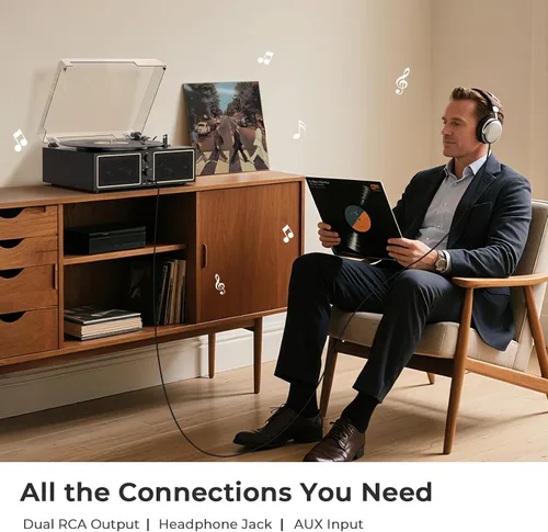 Vista 8 de Tocadiscos de vinilo Bluetooth, reproductor LP de 3 velocidades con altavoces, reproductor de discos retro para discos de vinilo, salida RCA AUX