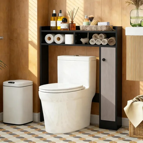 Vista 2 de Giantex Armario de almacenamiento corto sobre el inodoro, organizador de baño con gabinete de una sola puerta y estantes ajustables, ahorro
