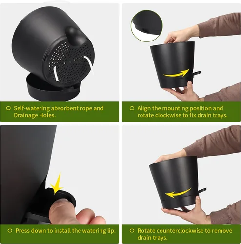 Vista 5 de Macetas de riego automático de 8 pulgadas para interiores, paquete de 6 macetas de plástico con agujeros de drenaje, color negro