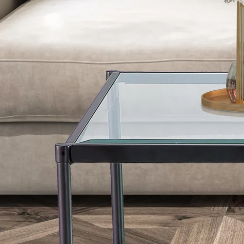 Vista 4 de Mesa de centro rectangular de cristal, mesa central de 2 niveles, mesa de café moderna para sala de estar, 43.3 x 23.62 pulgadas, color negro
