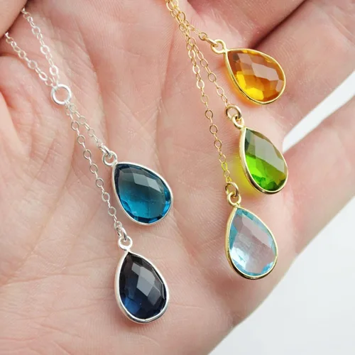 Vista 3 de Custom Mother's Day Gift for Mom Necklace, Any Number of Birthstones Lariat Style Birthstone Necklace, Family Necklace, Dual Birthstone Necklace