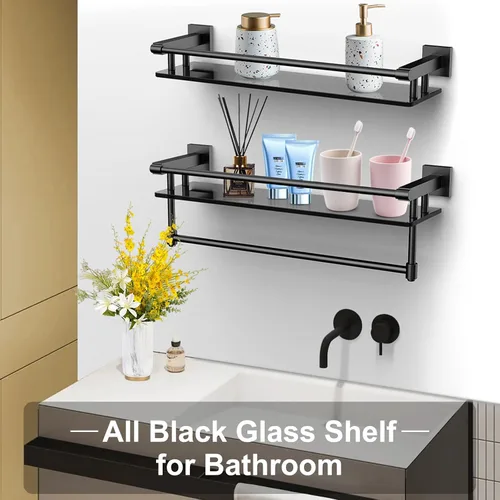 Vista 7 de Estante de vidrio para baño de 20 pulgadas, estantes de baño con barra para toallas, estantes de vidrio templado con soporte para toallas de acero