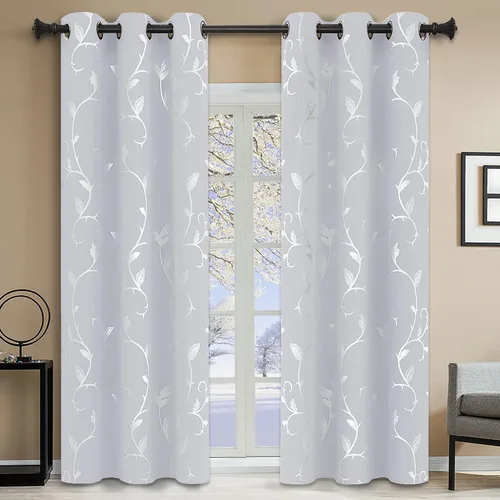 Vista 88 de BUHUA Juego de 2 paneles de cortinas opacas con estampado de vid plateada, cortinas con aislamiento térmico para oscurecer la habitación