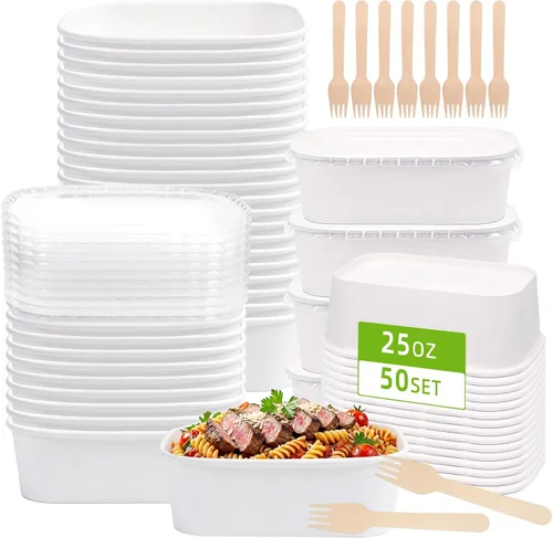 Vista 8 de Paquete de 50 recipientes de comida de papel de 19 onzas con tapas, recipientes de preparación de comidas, cuencos de papel grandes desechables