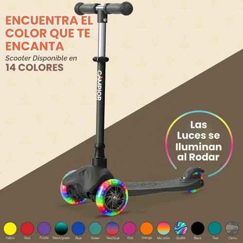 Vista 7 de Mini scooter negro de 3 ruedas para niños, inclinado para dirigir con ruedas con luces LED, manubrio ajustable, cubierta antideslizante ancha