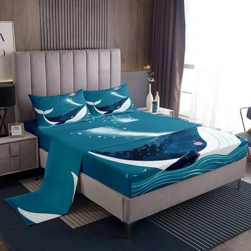 Vista 32 de Erosebridal Juego de sábanas de ballena náutica, tamaño individual, juego de ropa de cama vintage azul con ondas oceánicas para niños y niñas