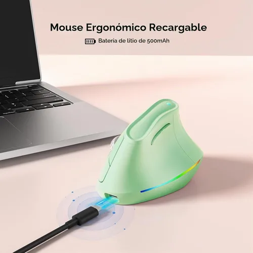 Vista 4 de KYSONA Ratón ergonómico inalámbrico de 57°, mouse vertical, mouse de túnel carpiano, luz RGB, recargable, Bluetooth y 2.4G, ajuste DPI de 5 niveles