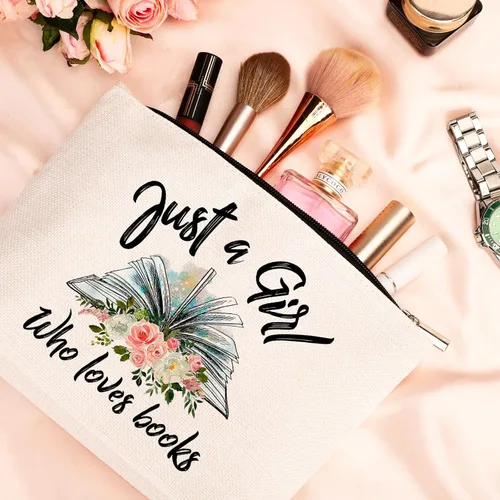 Vista 8 de GevGuxLuo Bolsa de maquillaje para mujer, Beige, Girl Loves Books