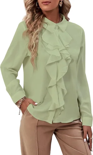 Vista 30 de LYANER - Blusa de manga larga con cuello de botón y volantes en la parte delantera para mujer