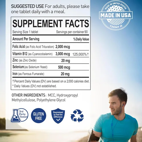 Vista 4 de Vital Blood Boost - Suplemento dietético con hierro, selenio, zinc, vitamina B12 y ácido fólico - 90 tabletas, suministro para 90 días