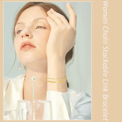 Vista 2 de SAMOCO Juego de 14 pulseras de cadena de oro para mujer, chapados en oro de 14 quilates, pulseras apilables de oro de moda, regalos de joyería