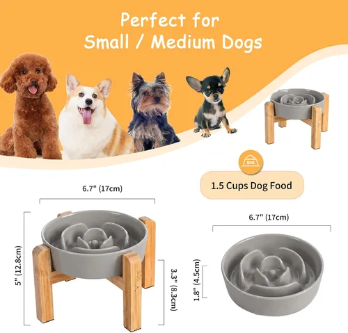 Vista 2 de Cuenco elevado para perros de alimentación lenta, cuenco de cerámica para Gris