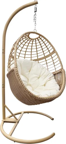 Vista 6 de Silla columpio colgante con soporte, hamaca de mimbre de polietileno, cojín desmontable suave, resistente 350 libras, interior y exterior