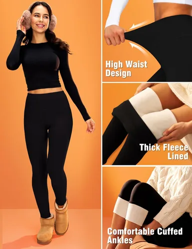Vista 4 de Paquete de 2 leggings con forro polar para mujer, control de abdomen, cintura alta, pantalones de yoga cálidos y suaves para entrenamiento