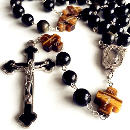 Vista 4 de elegantmedical Hecho a mano católico negro 0.394 in oro obsidiana cuentas Lourdes medalla de agua rosario cruz collar caja para hombre mujer regalo