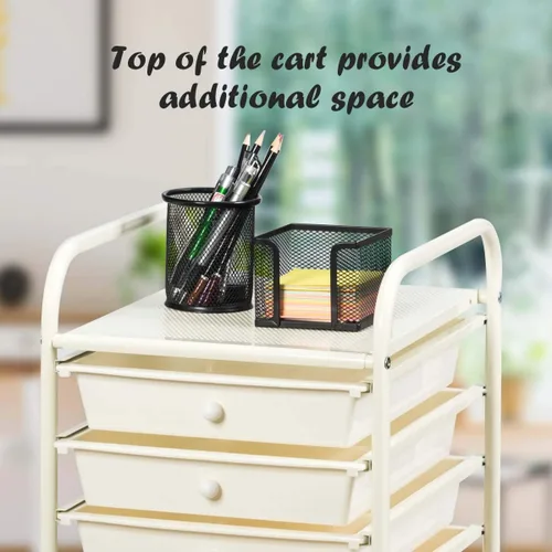 Vista 4 de Giantex - Carro de almacenamiento con ruedas, 10 cajones, organizador para papelería, oficina o escuela (Beige+Amarillo+Gris)