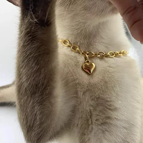 Vista 8 de HOWWFALY Collar para Perro y Cadena Collar para Gato de Acero Inoxidable Ajustable Collar en Forma de Corazón de Oro 18K para Mascotas Pequeñas