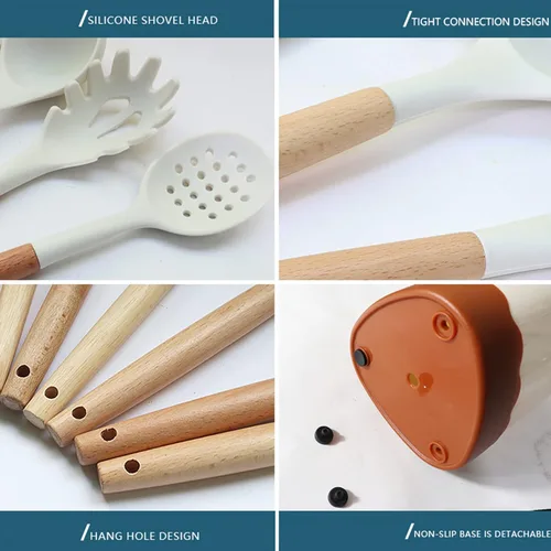 Vista 6 de Juego de utensilios de cocina de silicona negra, juego de utensilios de cocina de silicona resistente al calor con mango de madera, cucharas