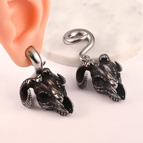 Vista 2 de DOEARKO 2PCS Ear Gauges Fashion Goat Skull Ear Hanger Weights for Stretched Ears Tunnels 316 Stainless Steel Hypoallergenic Body Jewelry