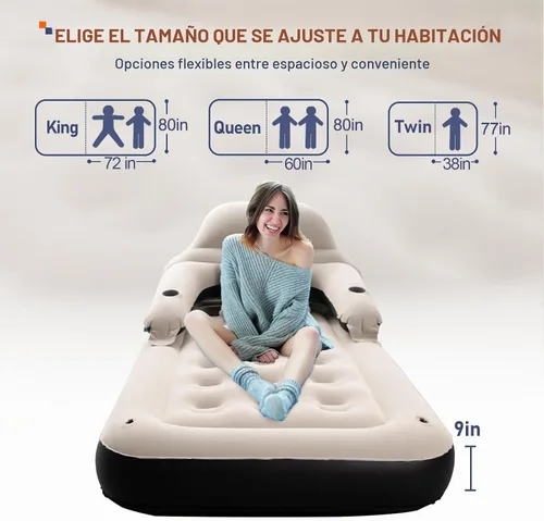 Vista 6 de Sofá cama de colchón de aire tamaño individual con cabecera y almohada, cama inflable para exteriores durante la noche