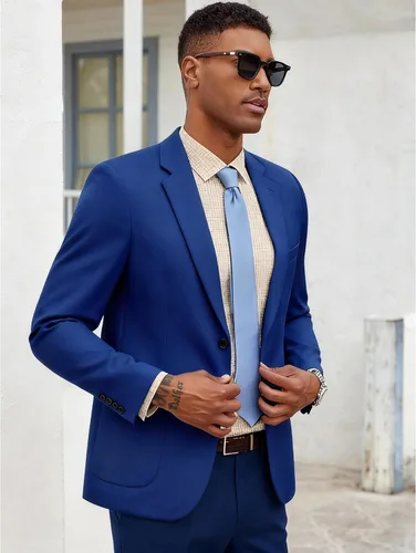 Vista 3 de COOFANDY Mens Blazer Casual Slim Fit Sport Coats Lightweight Sport Jacket Linen Textured Blazer, Two Button Suit Jacket, Patch Pockets, Plaid B