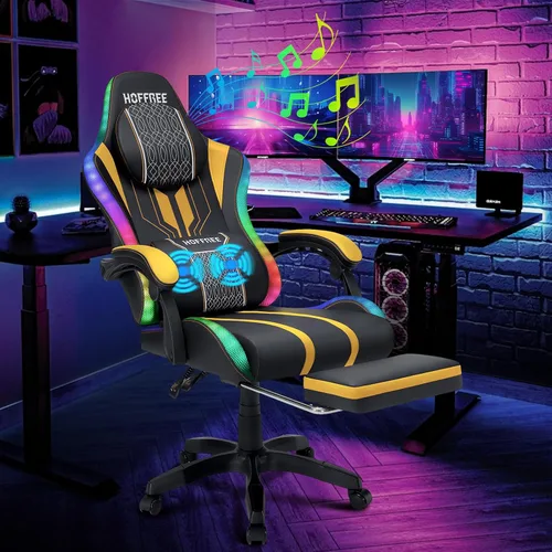 Vista 12 de HOFFREE Silla LED para juegos con altavoces, silla de computadora grande y alta con luces RGB, silla de juego Bluetooth con reposapiés, sillas