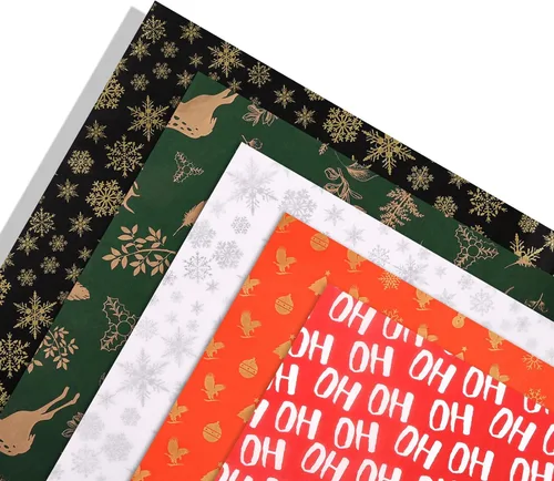 Vista 5 de PAPER FAIR HoHoHo - Juego de 100 hojas de papel de seda de regalo verde vintage dorado y plateado, papel de seda de copo de nieve HoHoHo, para caja