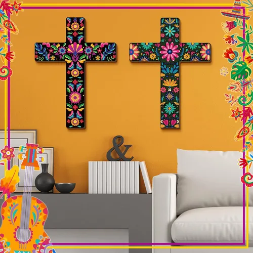 Vista 4 de Pinkunn 2 piezas de decoración de pared con cruz floral mexicana, arte de pared mexicano pintado a mano, decorativo, inspirador, cruz floral