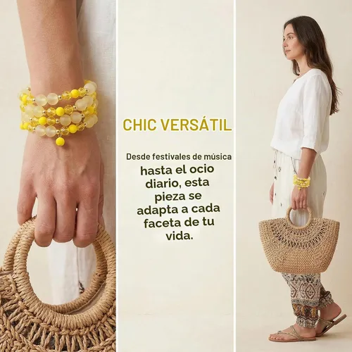 Vista 4 de Coiris Pulsera de cuentas amarillas de múltiples capas, pulsera ajustable para mujer BR1202