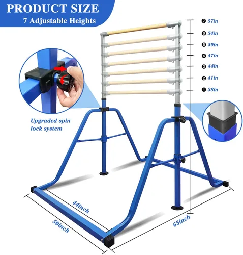 Vista 3 de Foldable Gymnastics Kip Bar with Rings & Bar Pad, 3 FT–5 FT Adjustable Horizontal Bar for Kids, 7-Level Height, 300 LBS Weight Capacity, Indoor Home