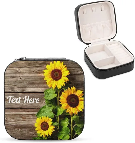 Vista 6 de Joyero de viaje de madera de girasol personalizado con nombre con foto y texto, joyero para mujeres y niñas, estuche organizador de joyas portátil
