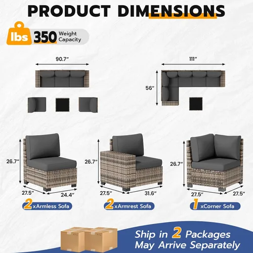 Vista 5 de Juego de muebles de patio, sofá modular de 6 piezas para exteriores con Amarillo-gris oscuro