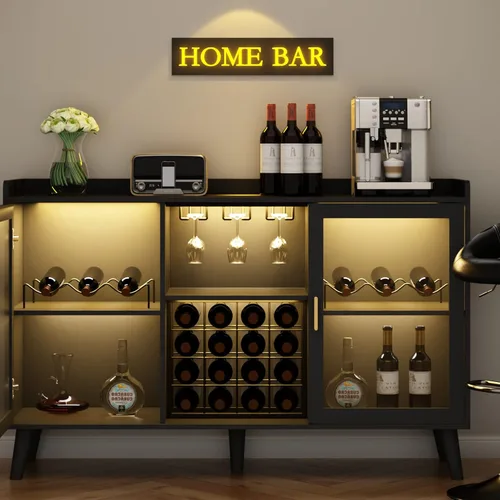 Vista 9 de Auromie Armario de bar de vinos con luz LED, gabinete de café para el hogar con estante para vino y vidrio, aparador de cocina con estantes de Negro