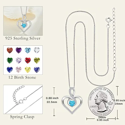 Vista 5 de Lwsary Forever Love Heart Pendant Necklace 925 Sterling Silver Infinity Pendant with Birthstone Zirconia Anniversary Birthday Gifts for Women Girls