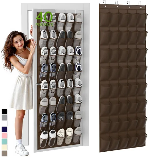Vista 16 de Organizador de zapatos colgante sobre la puerta con 40 bolsillos grandes de malla transpirable, soporte de zapatos que ahorra espacio, estante