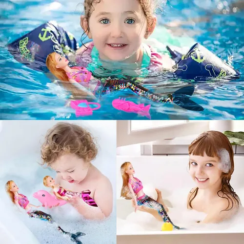 Vista 5 de Juego de muñecas mágicas de sirena para niñas de 4 a 7 años, muñecas de princesa gemelas con delfín morado que cambia de color, trajes de verano