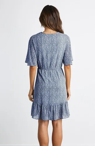 Vista 3 de Kirundo Vestido de verano para mujer manga corta con volados y estampado de leopardo sexy cuello en V cintura alta mini vestido corto y vaporoso