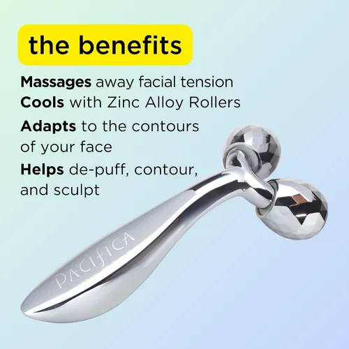 Vista 4 de Pacifica Future Youth Rodillo Facial de Acero Inoxidable – Masajeador Facial Dual de Enfriamiento Gua Sha para Esculpir, Contornear y Reducir