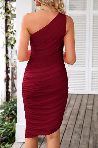 Vista 2 de PRETTYGARDEN Vestido ajustado fruncido para mujer, vestido de verano con un hombro descubierto, sin mangas, para fiesta, cóctel, vestido de tubo